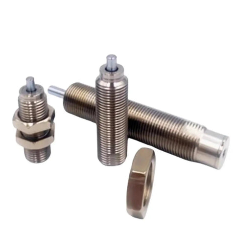 Rugged Stainless Steel Hydraulic Buffer Shock Absorber Straight Up Industrial Heavy Duty Cylinder Damper Kills Vibration For Smooth Machinery Operation Csac-1210N Pack One, includes three different-sized cylinder dampers.