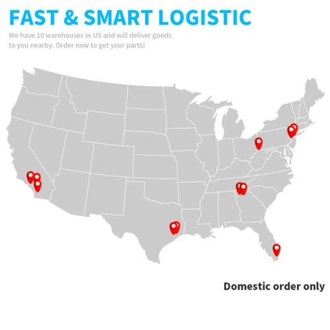 Map of the USA highlighting 10 warehouse locations for fast and smart logistic services.