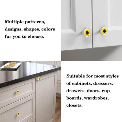 Snag Up These Fresh Transparent Round Cabinet Knobs, Tight 1.37 Inch Single Hole Drawer Pulls For Dresser Doors And Kitchen Cabinets, Killer Sunflower Pattern, Clean Home Upgrade, Four Pack on cabinets.