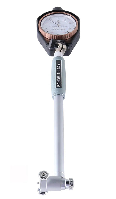 Dial Bore Gauge Set 1.4 To 6 Inch Range With Carbide Tipped Probes, Self Centering Heads, Bezel Lock For Zero, Chrome Handle, 0.0005 Inch Graduation, Durable Pro-Grade Hole Measurement Tool