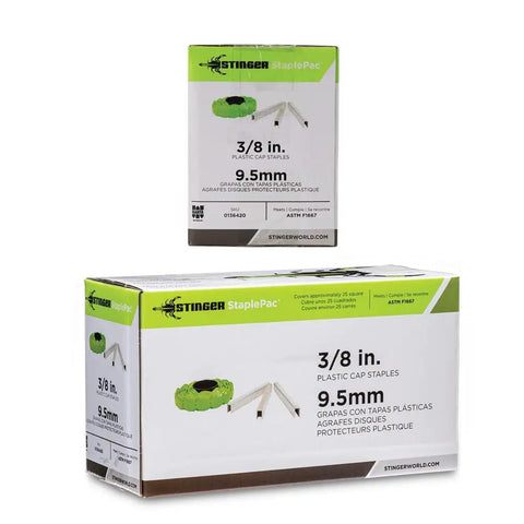 Top Shelf 3 8 Inch Plastic Cap Staples For Housewrap Roofing And Insulation Installations Featuring Bombproof Retention And Premium Weather Proofing Build 2016 Pack stacked boxes of green plastic cap staples.