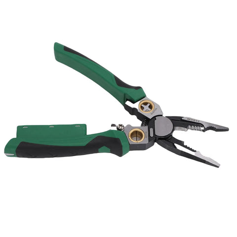 SASKATE 8 In 1 Wire Stripper Pliers With Voltage Tester Multi Functional Crimping Cutting Tool For Electrical Work High Carbon Steel Electrician Gear with green rubber grips.