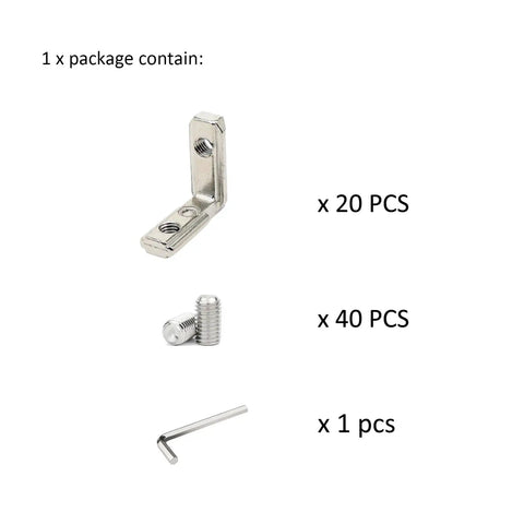 Package contents of L Shape Corner Connector Bracket Set For 20x20 Aluminum Extrusion Profiles, including 20 brackets, 40 screws, 1 wrench.