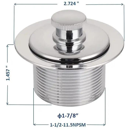 Heavy Duty Tub Drain Kit With Slick Push Pull Bathtub Strainer And Durable Zinc Alloy Body Plus Classic Chrome Finish top view with dimensions.