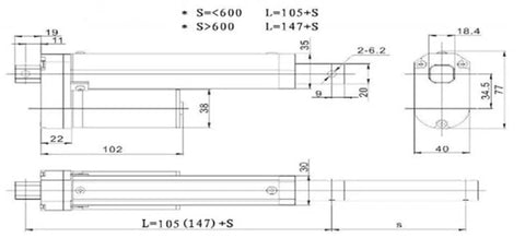 Technical drawing of Beefy 24V DC Linear Actuator With 10 To 16 Millimeter Per Second Speed, 600 To 900N Thrust, dimensions labeled