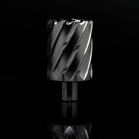 Oscarbide annular cutter with 3/4 in Weldon shank, 1-15/16 in cutting diameter, 2 in depth of cut, close-up view.