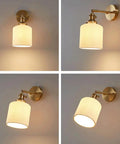 Wall Lamp, Nordic Minimalist Bedroom Light, Brass Ceramic Retro Lamps, angled view of sconce with pleated shade.