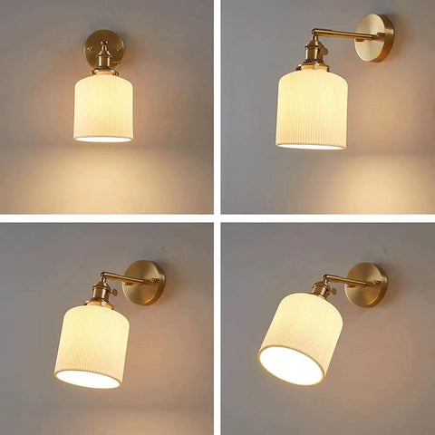 Wall Lamp, Nordic Minimalist Bedroom Light, Brass Ceramic Retro Lamps, angled view of sconce with pleated shade.