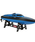 H100 RC Boat 2.4GHz Remote Control Speedster With 180 Flip displayed on a stand, electric submarine build, blue color