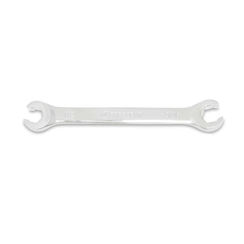 Three Piece SAE Flare Nut Wrench Set Pro Grade Heavy Duty Tools For Soft Metal Nuts Hex Head Design Prevents Stripping Chrome Vanadium Steel Construction With Full Polish Chrome Finish Workhorse For The Job Site single wrench close-up