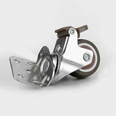 Smooth Rolling Retractable Casters With Brake 1 Inch Heavy Duty Rubber Wheels Scratch Free Glide L Brackets mounted on a caster.