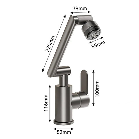 Adjustable 360 ° Swivel Kitchen Faucet with 4m Jet Retractable Robotic Arm Black Finish showcasing detailed dimensions.