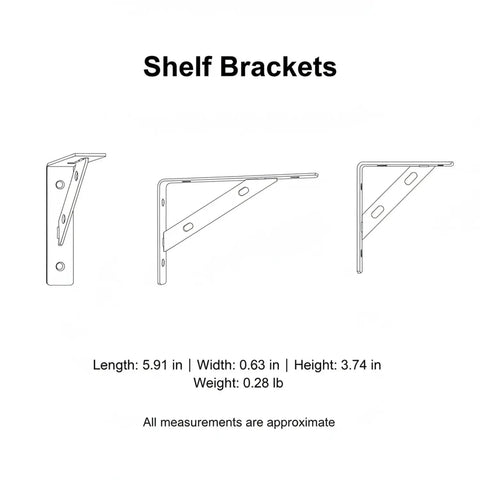 Diagram of Fast Install White Iron Shelf Brackets For Floating Shelves No Fuss Easy Mount Triangular Supports, dimensions listed below.