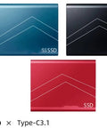 Blue, black, and red External SSD USB 3.1 Type C High Speed Drive With 540 MB Per Second Read And 500 MB Per Second Write