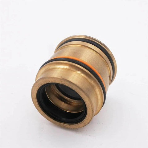 Brass hydraulic cartridge with orange and black O-rings, close-up view for waterjet cutting machines (No. 05130091)