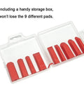 Nine replacement pads for Ten Piece Caulking Tool Kit With Silicone Finishing Tools For Tight Areas in a clear storage box
