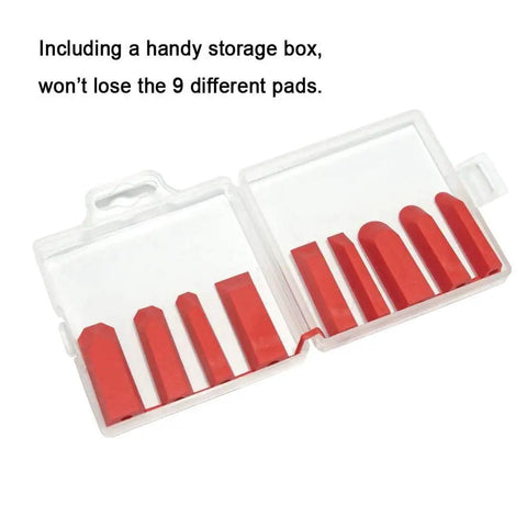 Nine replacement pads for Ten Piece Caulking Tool Kit With Silicone Finishing Tools For Tight Areas in a clear storage box