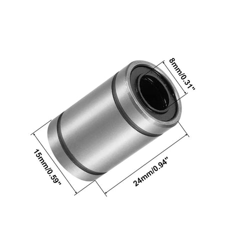 HiPicco LM8UU 8mm bore rubber-sealed linear ball bearing, 24mm long, silver metal (isometric view)