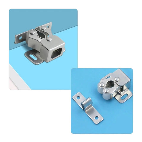 Super Sweet Double Roller Ball Latch 10 Pack For Kitchen Cabinets Wardrobes And Cupboards With Auto Lock Spring System Easy Install Style, metal latches on blue background.