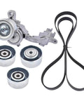 Premium Drive Belt Tensioner And Idler Pulley Kit For Toyota Tacoma Tundra FJ Models 2007 To 2009 With 4.0L V6 Engine Replaces Oem Part Numbers 1662031012 1662031013 1660331040 166030P030 Smooth Operation Guaranteed. silver metal tensioner assembly with three idler pulleys and black serpentine belt