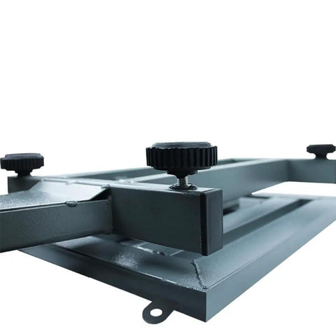 Heavy Duty Digital Platform Scale With Slick Folding Design And Compact Storage For Weighing Luggage And Shipping Boxes Up To Three Hundred Kilos Featuring Quick Lbs Kgs Switch And Direct Reading Price Calculator, close-up of adjustable knob on frame.
