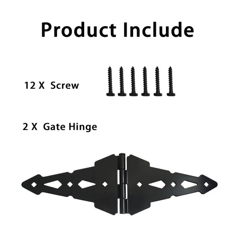 Heavy Duty Eight Inch Fence Gate Hinges With Matte Black Steel Finish For Outdoor Wood Fences And Sheds, includes 2 hinges and 12 screws.
