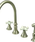 Deck Mount Kitchen Faucet With Brass Sprayer, Satin Nickel Finish, 8.25 Inch Spout Projection, 4 Hole Installation, Porcelain Cross Handle