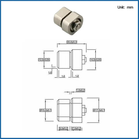 Small silver damping hinge with shaft, 360° rotation; front and side dimension drawings.
