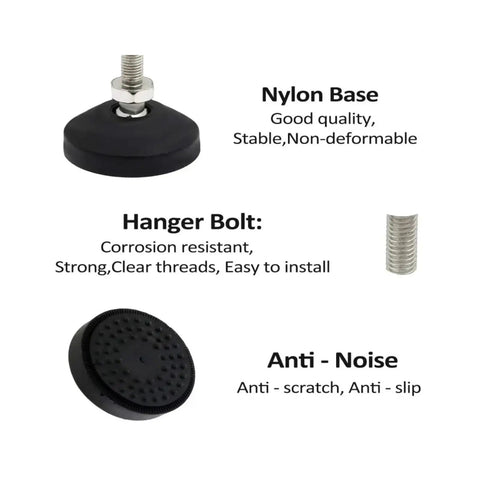 Threaded Leveling Feet With Swivel Base For Tables And Furniture Adjustable Foot Stands showing nylon base, hanger bolt, and anti-noise pad