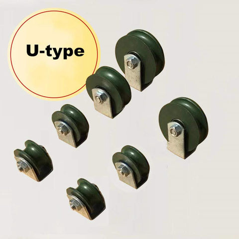 U-type caster wheels set with green wheels and metal mounting brackets; multiple pieces visible
