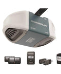 Smart Garage Door Opener With Emergency Battery Backup And Slick Smartphone Sync Featuring Ultra Quiet Belt Drive Kickass Lifting Power on display with remote controls and battery backup.