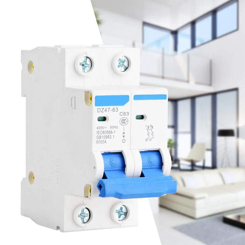 DZ47-63 2 Pole 400V AC Miniature Circuit Breaker With Leakage Air Switch 63A, compact breaker shown in a home setting