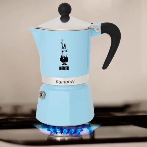 Rainbow Stovetop Espresso Maker Moka Pot For 3 Cups Aluminum Light Blue With Easy Pour Spout And Ergonomic Anti Scald Handle for home use.