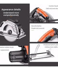 Pro Grade Electric Circular Saw With Aluminum Body For Portable Woodworking Projects showing comfort handle and carbon brush details.