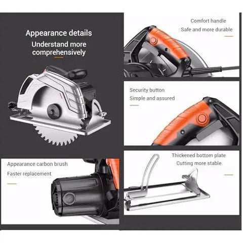 Pro Grade Electric Circular Saw With Aluminum Body For Portable Woodworking Projects showing comfort handle and carbon brush details.
