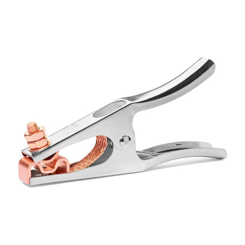 Heavy Duty 500A Electroplated Ground Clamp With Braided Copper Shunt and Silver Plated Jaw for secure automotive repair bonding.