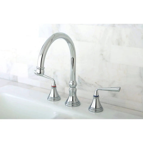 Polished chrome faucet installed, similar product: Widespread Kitchen Faucet With Solid Brass Construction Built To Last Drip Free Ceramic Disc Cartridge Polished Brass Finish Deck Mount 8 To 16 Inch Spread 3 Hole Setup 1.8 GPM Flow At 60 PSI 1 Half Inch IPS Connection.