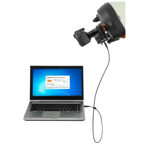 Electronic Focus Motor For Schmidt Cassegrain EdgeHD And RASA Telescopes connected to laptop for remote autofocus.