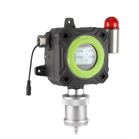 Durable Fixed Ethylene C2H4 Gas Detector Industrial Monitor With A Slick 2.4 Inch Color Display And Hella Loud Audio Visual Alarms Effortless Rs485 Output For Reliable Zero To Fifty Ppm Safety Tracking mounted with green and silver components.