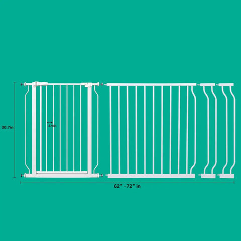 Extra Wide Baby Gate For Stairs And Doorways, Pressure Mount Pet Gate, White Metal Indoor Safety Gate, 62 To 72 Inches, shown expanded
