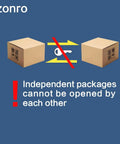Two cardboard boxes with a key symbol and warning text 'Independent packages cannot be opened by each other' on blue background.