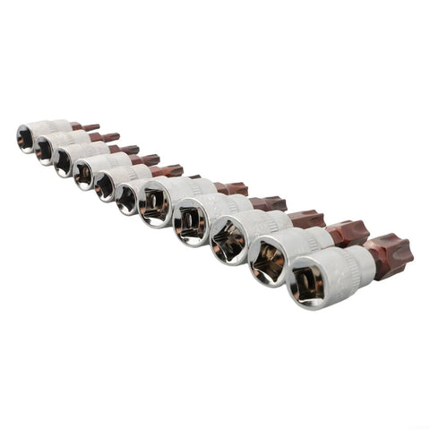 Top Tier 11 Piece Torx Bit Socket Set With T10 To T60 Chrome Vanadium Steel Driver Bits For Tough Automotive Repairs And Heavy Mechanical Maintenance Work Using Both Inch Drive Sizes, angled chrome sockets
