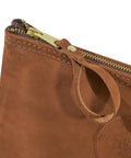 Close-up of a Top-Grain Leather Tool Pouch With Zipper Closure 12.5 Inch Brown Built Tough For Pliers And Wrenches Heavy-Duty Stitching.