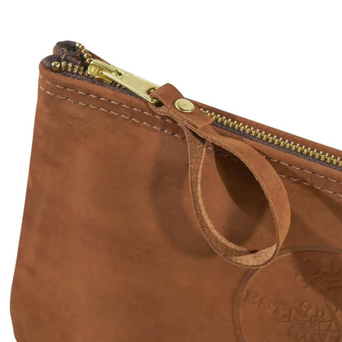 Close-up of a Top-Grain Leather Tool Pouch With Zipper Closure 12.5 Inch Brown Built Tough For Pliers And Wrenches Heavy-Duty Stitching.