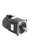 Front-right view of a NEMA23 permanent magnet brake stepper motor; black body, silver flange, white connector.