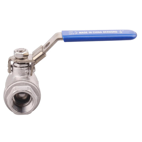 DERNORD stainless steel 304 ball valve with blue lever handle, 1/2 in NPT, female thread (side view)