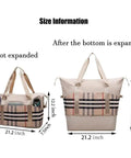 Diagram of Large Capacity Travel Tote Bag With Dry Wet Separation For Under Seat Carry On Gym Ready Luggage Duffel With Waterproof Nylon in Khaki showing dimensions.