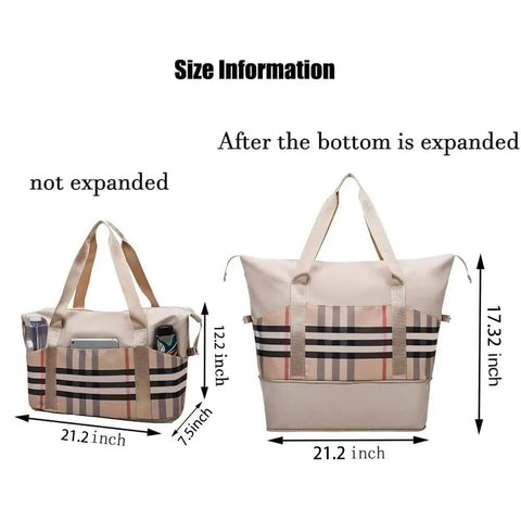 Diagram of Large Capacity Travel Tote Bag With Dry Wet Separation For Under Seat Carry On Gym Ready Luggage Duffel With Waterproof Nylon in Khaki showing dimensions.