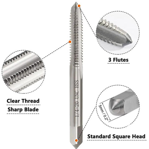 2-Piece 1/4-20 UNC Tap And Die Set In HSS High Speed Steel showing detailed thread, sharp blade, and standard square head