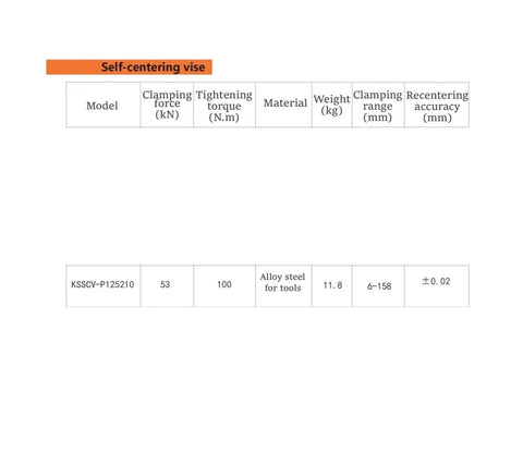 High Quality Heavy Duty Self Centering Vise Delivers Rock Solid Grip And No Sweat Operation For Clamping Pipes Or Round Stock During Cnc Turning Or Sanding Jobs specifications table with model, clamping force, material, and weight.